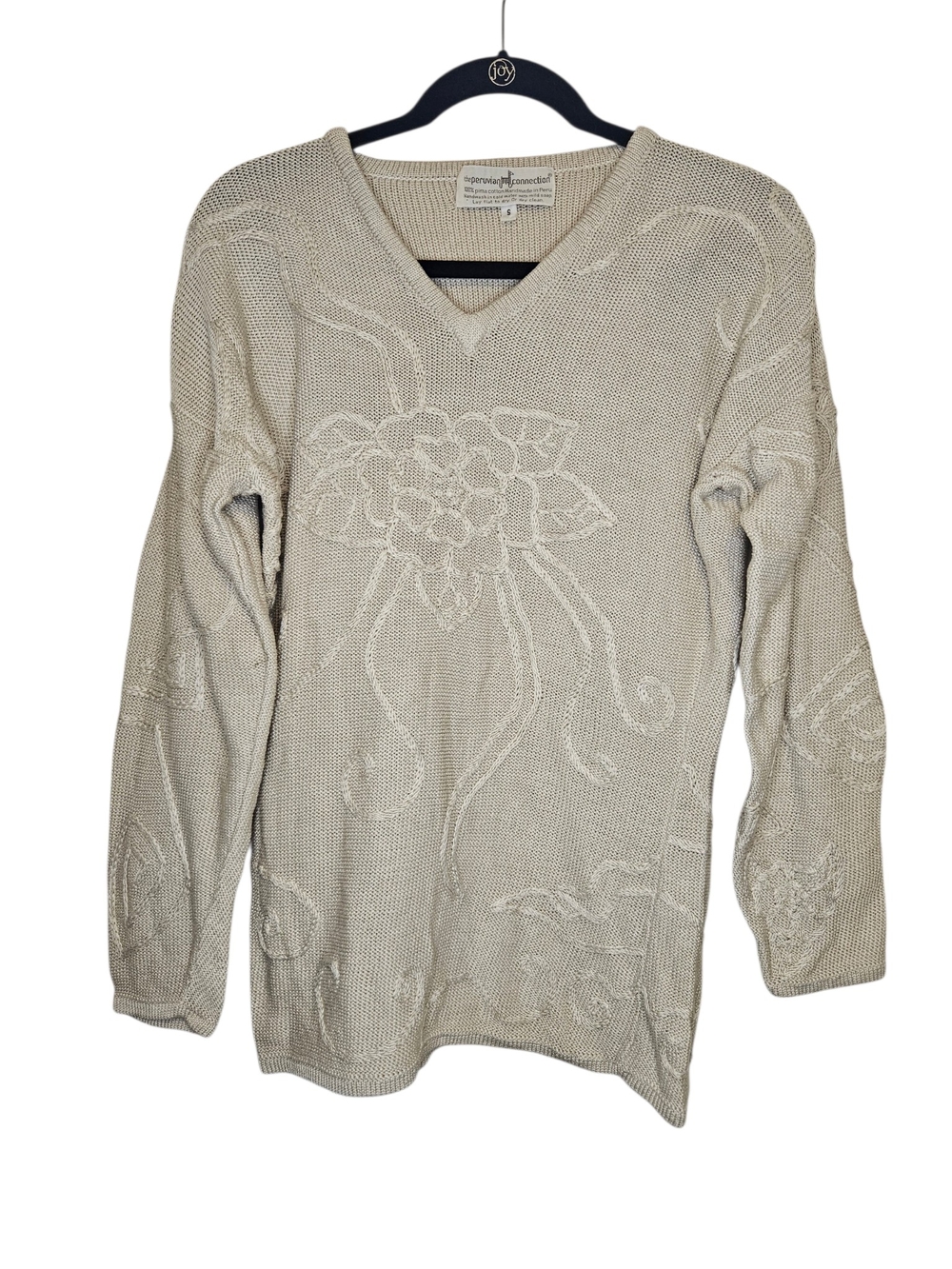 Vintage Peruvian Connection Cotton Floral Cream Knit Sweater Top S